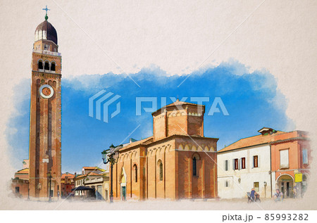 Watercolor drawing of Chioggia: Clock and bell tower of Cathedral Santa Maria Assunta Duomo and Chiesa di San Martino catholic church 85993282