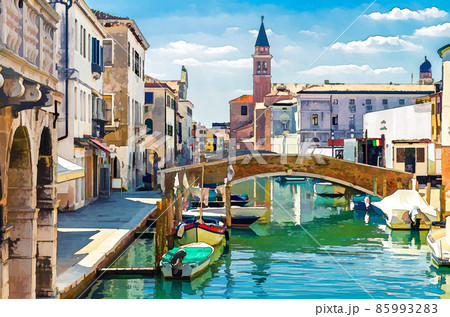 Watercolor drawing of Chioggia cityscape with narrow water canal with moored multicolored boats, old buildings, brick bridge Watercolor drawing of Chioggia cityscape with narrow water canal with moored multicolored boats, old buildings, brick bridge 85993283