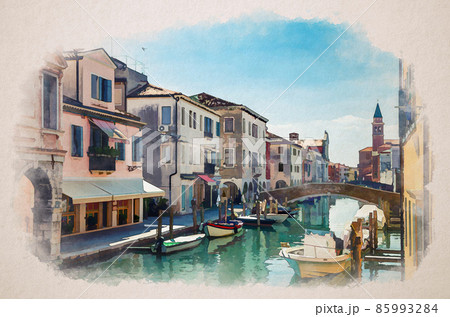 Watercolor drawing of Chioggia cityscape with narrow water canal Vena with moored multicolored boats between old colorful buildings Watercolor drawing of Chioggia cityscape with narrow water canal Vena with moored multicolored boats between old colorful buildings 85993284