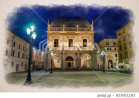 Watercolor drawing of Palazzo della Loggia palace Town Hall Renaissance style building and street lights in Piazza della Loggia Square, Brescia city Watercolor drawing of Palazzo della Loggia palace Town Hall Renaissance style building and street lights in Piazza della Loggia Square, Brescia city 85993285