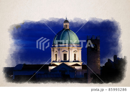 Watercolor drawing of Dome of Santa Maria Assunta New Cathedral, Duomo Nuovo Roman Catholic church and Tower of Palazzo del Broletto palace 85993286