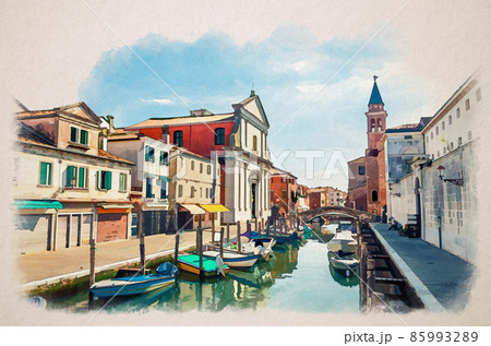 Watercolor drawing of Chioggia cityscape with narrow water canal Vena with moored multicolored boats, Chiesa dei Filippini church 85993289