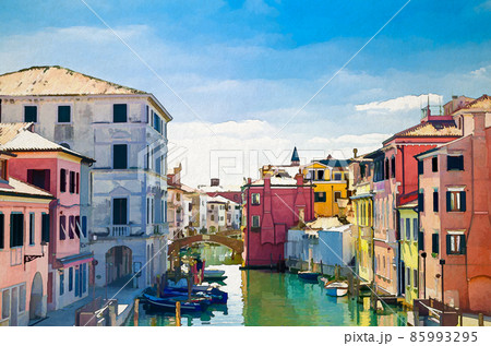 Watercolor drawing of Chioggia cityscape with narrow water canal Vena with moored multicolored boats between old colorful buildings 85993295