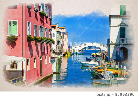 Watercolor drawing of Stone bridge Ponte di Vigo across Vena water canal with colorful boats and old buildings in historical centre of Chioggia town 85993296