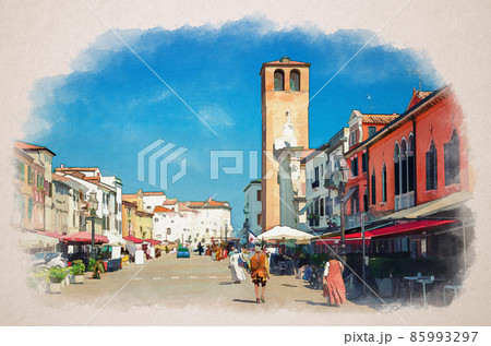 Watercolor drawing of Chioggia: people actors take part in film shooting, mass scene movie making in street of historical town centre 85993297