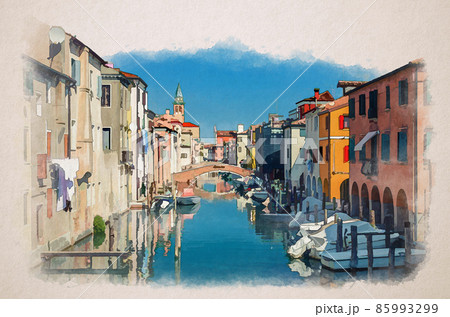 Watercolor drawing of Chioggia cityscape with narrow water canal Vena with moored multicolored boats between old colorful buildings 85993299