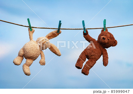 Plush toys bunny and teddy bear are dried on a clothesline after washing Plush toys bunny and teddy bear are dried on a clothesline after washing 85999047