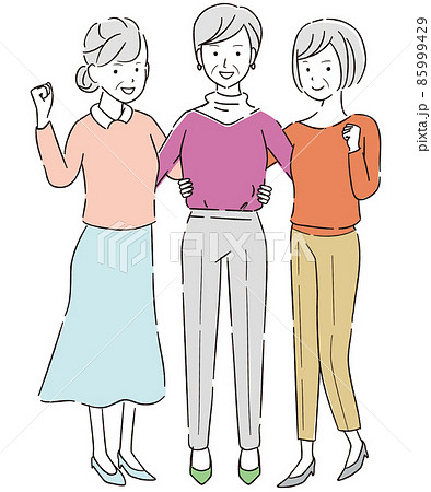 手書き線画カラーイラスト　3人の女性シニア　ガッツポーズ 85999429