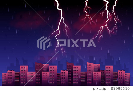 Thunder Storm Lightning Rainy Night City Building Skyline Cityscape Illustration 85999510