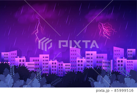 Thunder Storm Lightning Rainy Weather City Building Skyline Cityscape Illustration 85999516