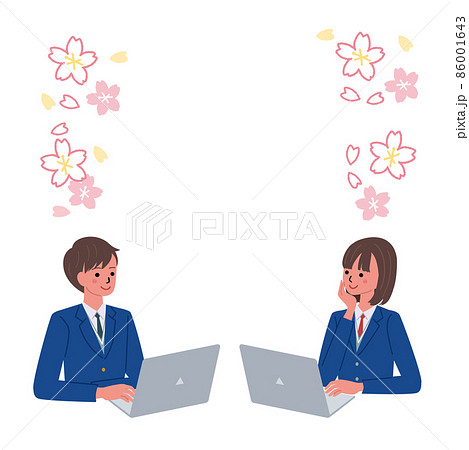 パソコンをする制服を着た男女のイラスト 桜のフレーム パソコンをする制服を着た男女のイラスト 桜のフレーム 86001643