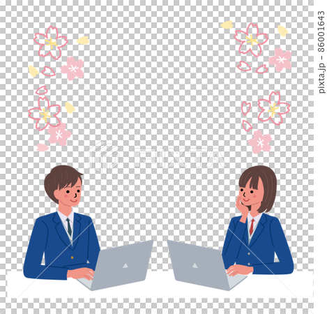 パソコンをする制服を着た男女のイラスト 桜のフレーム パソコンをする制服を着た男女のイラスト 桜のフレーム 86001643