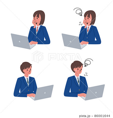 制服を着たパソコンに向かう男女のイラスト 86001644