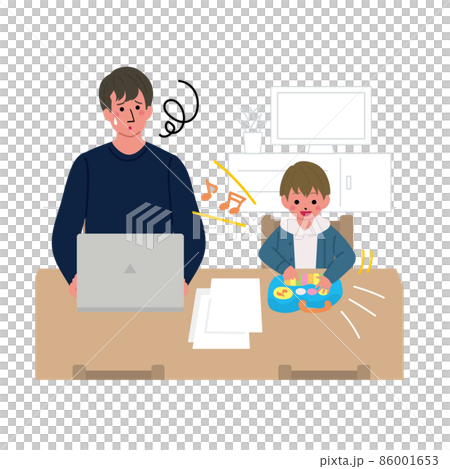 Illustrations of men and children working from home 86001653