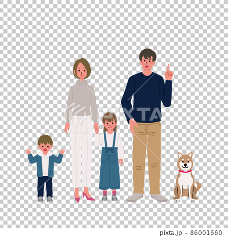 両親と子どもとペット　笑顔の家族のイラスト 86001660