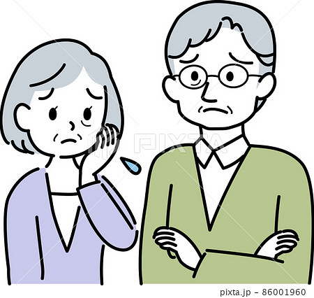 イラスト素材:老夫婦が向かい合って困った表情で思い悩む場面　 腕組みしたおじいさん　主線あり 86001960
