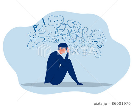 businessman suffers from obsessive thoughts; headache; unresolved issues; psychological trauma; depression.Mental stress panic mind disorder illustration Flat vector illustration. 86001970