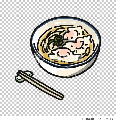 どんぶりに盛り付けられたワンタン麺のイラスト。箸が添えられています。 どんぶりに盛り付けられたワンタン麺のイラスト。箸が添えられています。 86002055