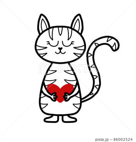 Vector illustration of cute tabby cat for Valentine's day. Valentine's Day card. Kid's illustration of a cat in doodle style. 86002524