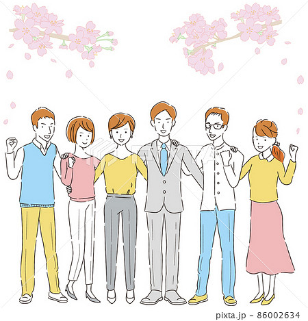 手書き線画カラーイラスト 桜とフレッシャーズ男女6人 ガッツポーズのイラスト素材 手書き線画カラーイラスト 桜とフレッシャーズ男女6人 ガッツポーズのイラスト素材