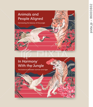 Facebook template with Chinese woman and tiger concept,watercolor style 86003602