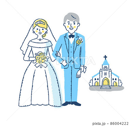 教会の前で立っている笑顔の新郎新婦 教会の前で立っている笑顔の新郎新婦 86004222