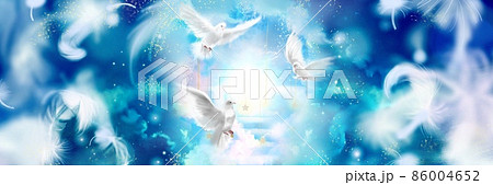 平和の象徴白い鳩が天国を仲良く飛んでいるイラスト のイラスト素材