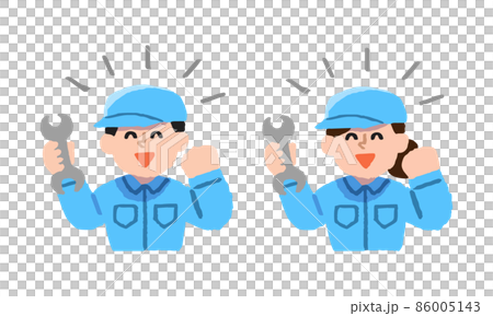 男人和女人穿著工作服（手繪顏色），膽子大，手裡拿著工具擺姿勢 86005143