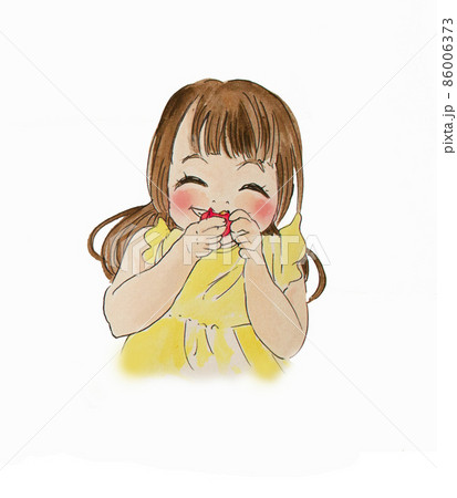 いちご狩りで苺を食べてニコニコ笑顔の女の子のイラスト素材
