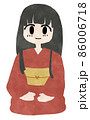 赤い着物を着て正座する黒髪長髪の女性のイラスト 86006718