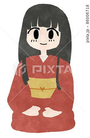 赤い着物を着て正座する黒髪長髪の女性のイラスト 86006718