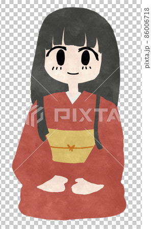 赤い着物を着て正座する黒髪長髪の女性のイラスト 86006718