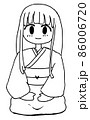 着物を着て正座する長髪の女性の線画イラスト 86006720