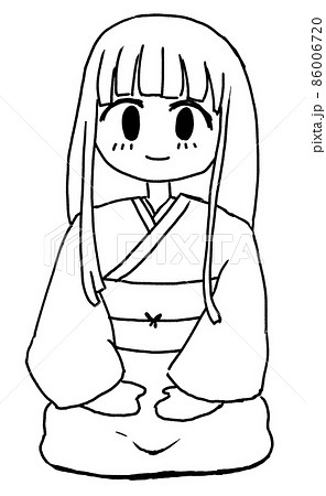 着物を着て正座する長髪の女性の線画イラスト 86006720