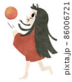 手毬で遊ぶ赤い着物を着た黒髪長髪の女性のイラスト 86006721