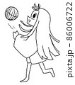 手毬で遊ぶ着物を着た黒髪長髪の女性の線画イラスト 86006722