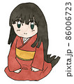 赤い着物を着て正座する黒髪長髪の女性のイラスト 86006723