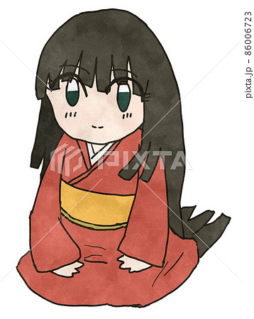 赤い着物を着て正座する黒髪長髪の女性のイラスト 86006723