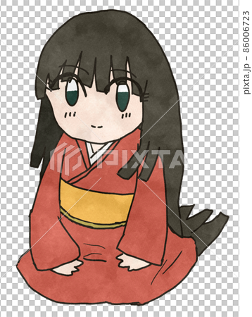 赤い着物を着て正座する黒髪長髪の女性のイラスト 86006723