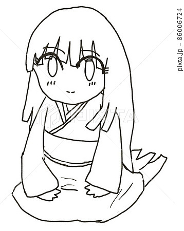 着物を着て正座する長髪の女性の線画イラスト 86006724