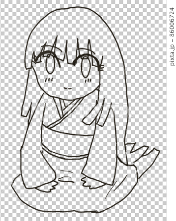 Line art illustration of a long-haired woman wearing a kimono and sitting upright 86006724