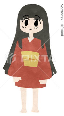 赤い着物を着た黒髪長髪の女性の全身イラスト 86006725