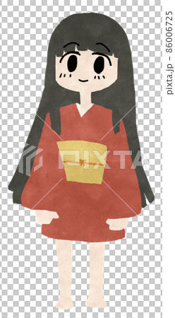 Full-body illustration of a long-haired black-haired woman in a red kimono 86006725