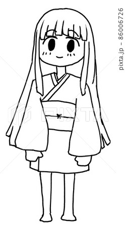 着物を着た長髪の女性の全身線画イラスト 86006726