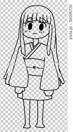 着物を着た長髪の女性の全身線画イラスト 86006726