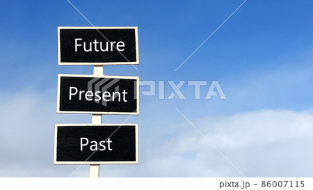PastPresentFuture文字入り黒い道しるべ3つ_青空背景 PastPresentFuture文字入り黒い道しるべ3つ_青空背景 86007115
