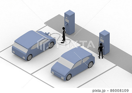 電気自動車と充電器。充電中のEV車と充電スタンド。道路設置の充電スポット利用する。 電気自動車と充電器。充電中のEV車と充電スタンド。道路設置の充電スポット利用する。 86008109