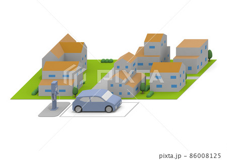 電気自動車と充電器。充電中のEV車と充電スタンド。道路設置の充電スポット利用する。 86008125