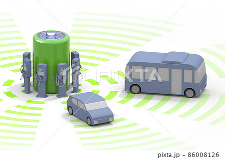 電気自動車と充電器。充電中のEV車と充電スタンド。道路設置の充電スポット利用する。 86008126
