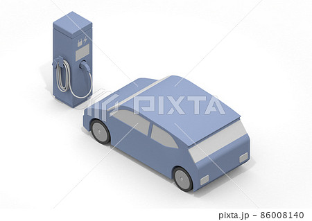 電気自動車と充電器。充電中のEV車と充電スタンド。道路設置の充電スポット利用する。 86008140